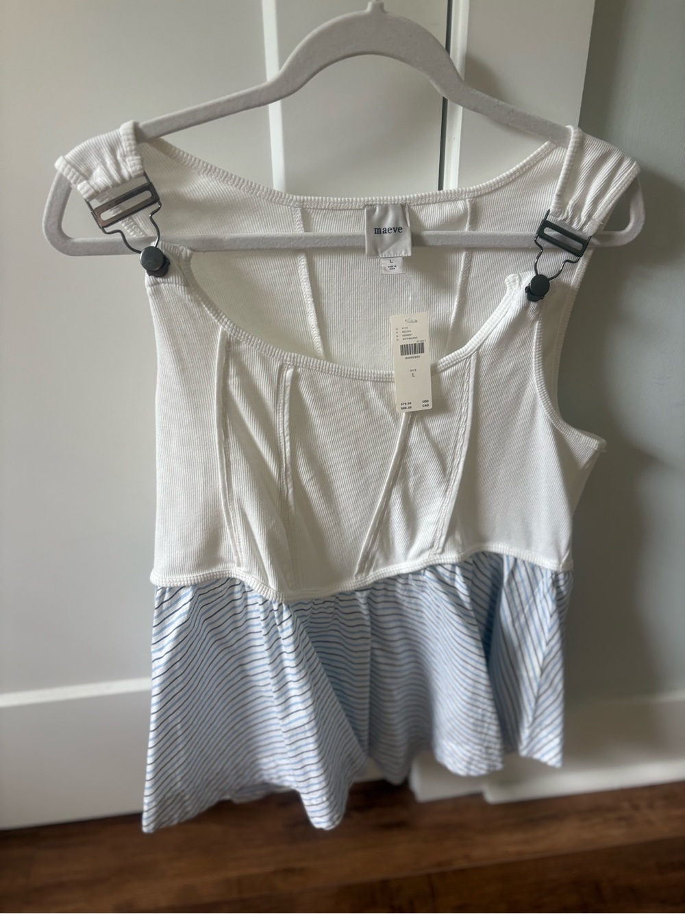 Anthropology Cream Ribbed Tank with Blue-Striped Peplum Skirt - Picture 3 of 8